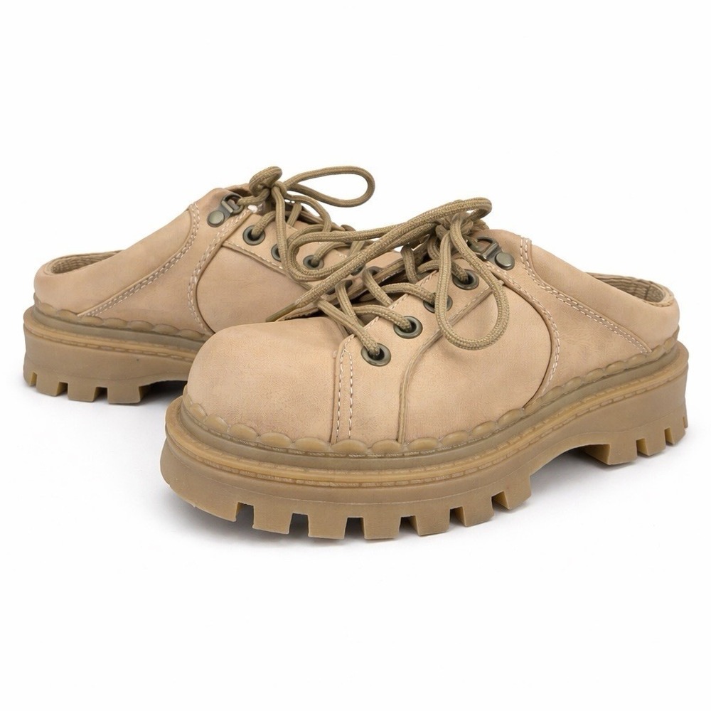 Vtg Y2K Lei Platform Mules Sz 9 Beige Chunky Lug Sole Lace Up Grunge Streetwear